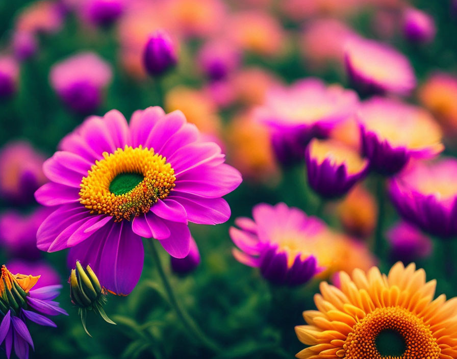 Bright Purple and Yellow Daisy-Like Flowers in Lush Garden Setting