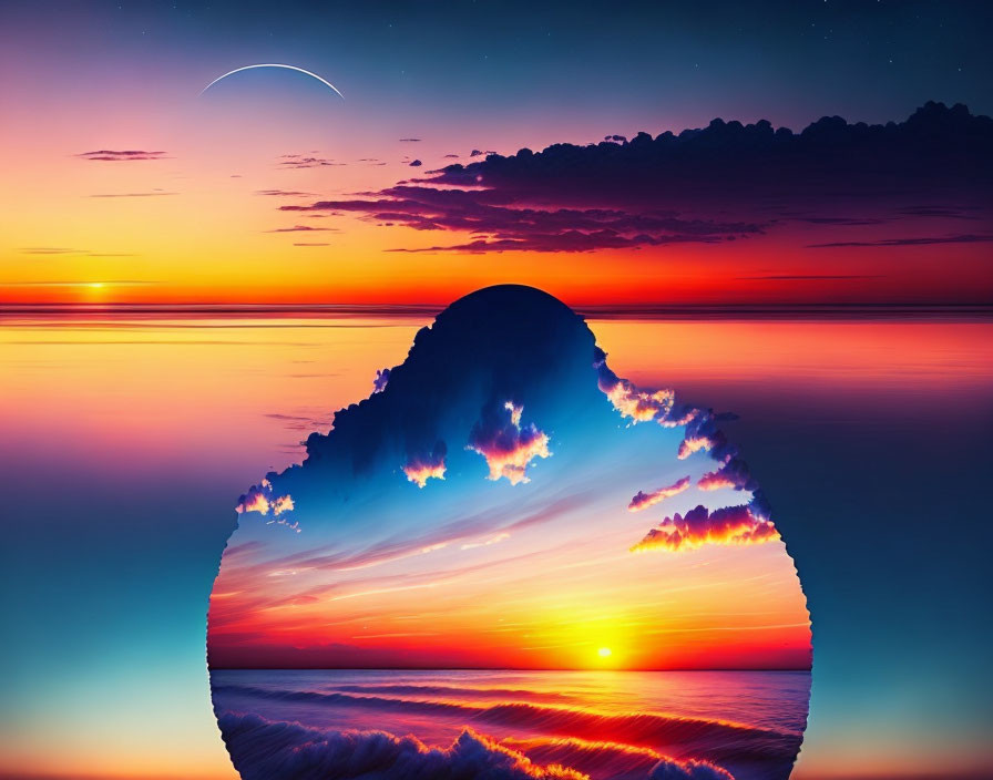 Surreal seascape at sunset with vibrant colors and crescent moon