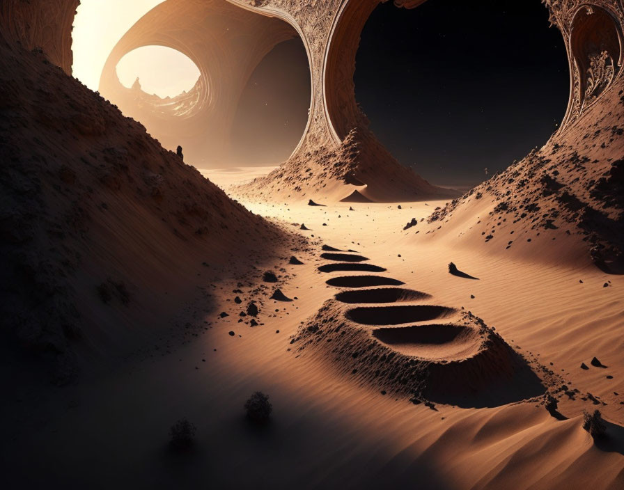 Surreal desert landscape with dunes, footprints, rock formations, and planet in sky