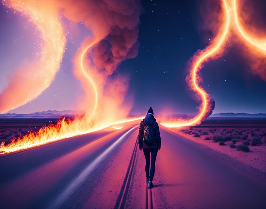 Person Walking Down Road Between Towering Fire Tornadoes at Twilight