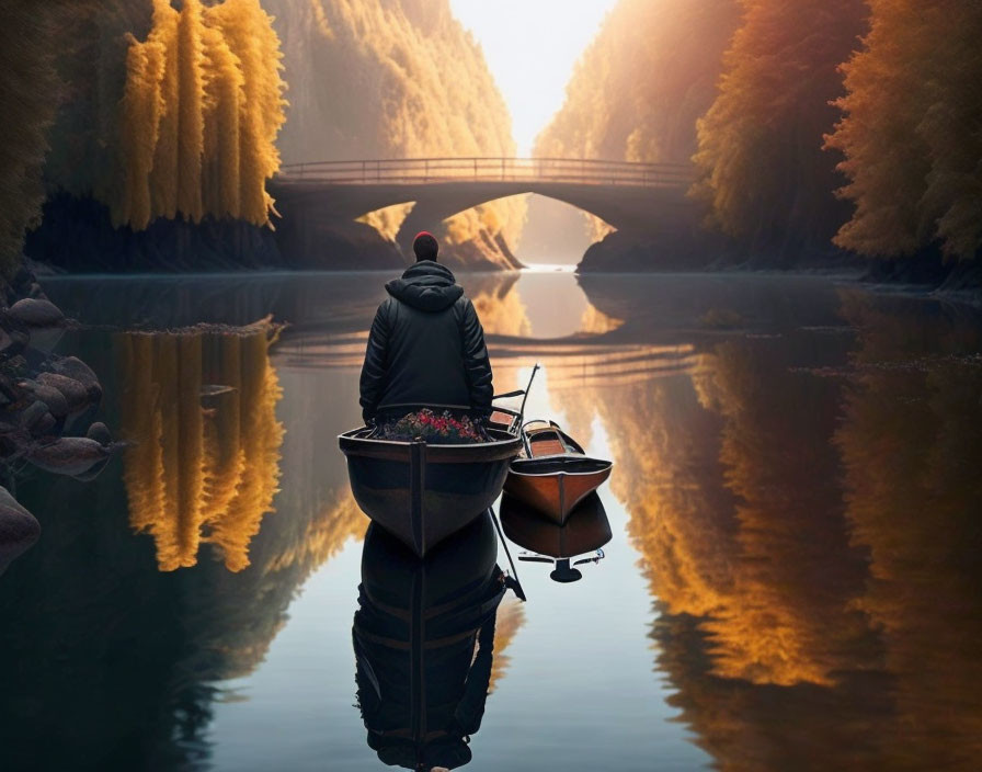 Person in boat on calm river near bridge with autumn trees reflecting at golden hour