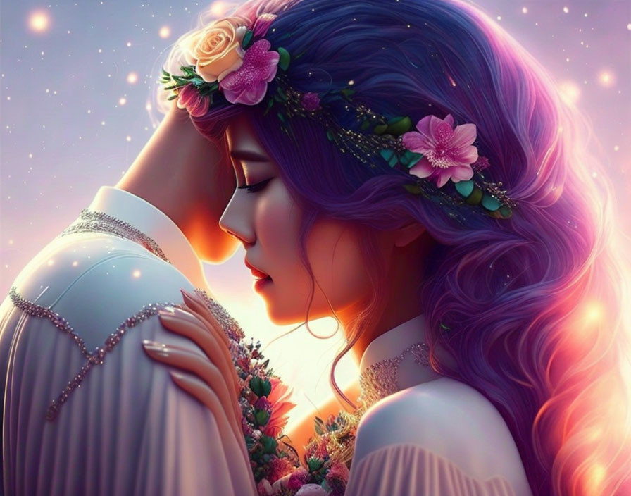 Digital Artwork: Woman with Purple Hair, Unicorn, Flowers, Starry Sky