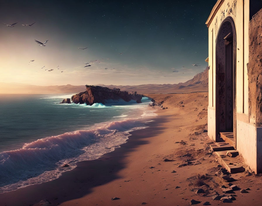 Ornate Door on Sandy Beach Opens to Rocky Outcrop Under Starry Sky