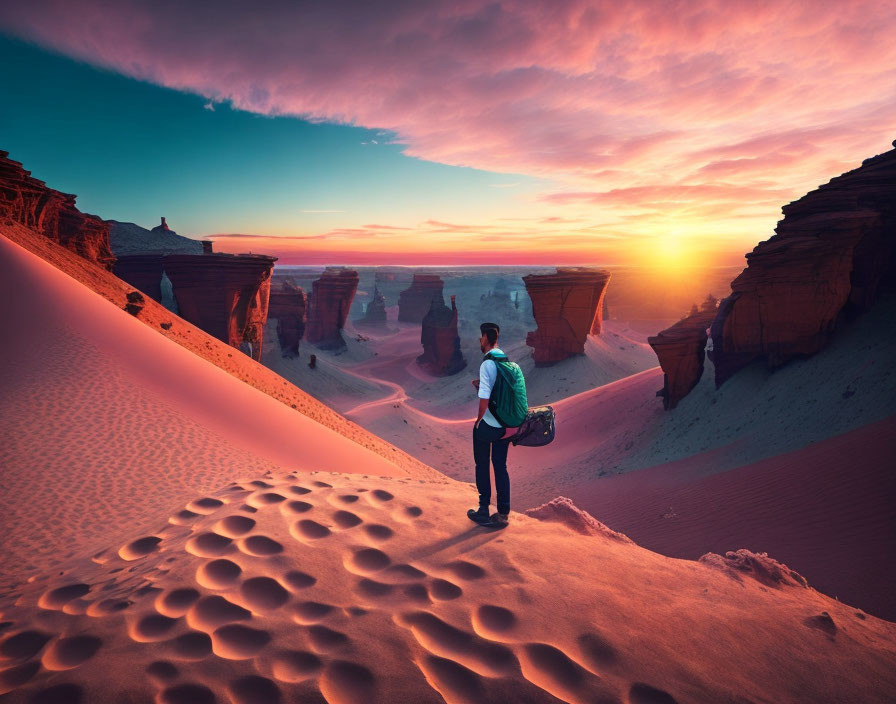 Person standing on desert dune at sunset with towering rock formations under colorful sky