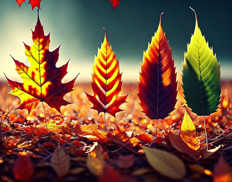 Autumn leaves upright on fallen bed, sunlight filters through