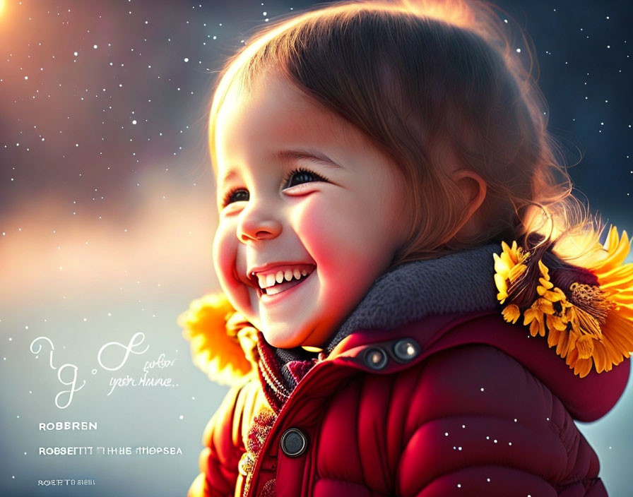 Smiling toddler in red winter jacket with yellow flowers in snowfall