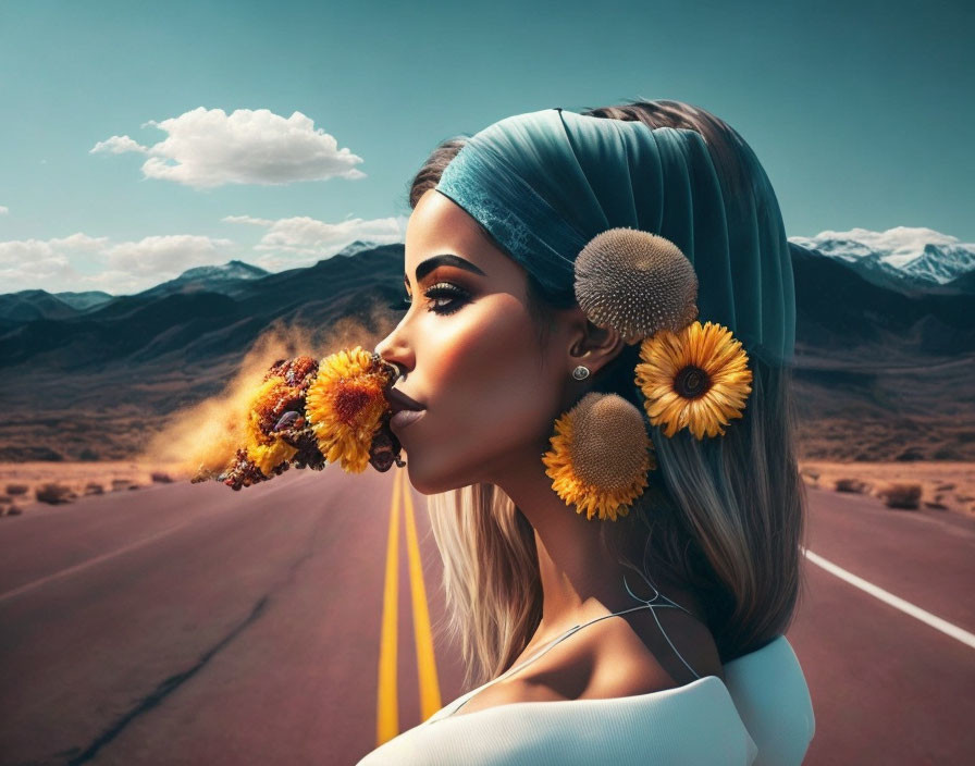 Surreal image: Woman with flowers in hair exhales fire on desert road