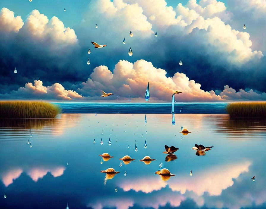 Tranquil landscape with mirror-like lake and teardrop raindrops