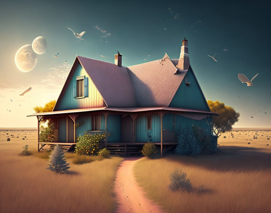 Surreal country house illustration with dual moons and birds