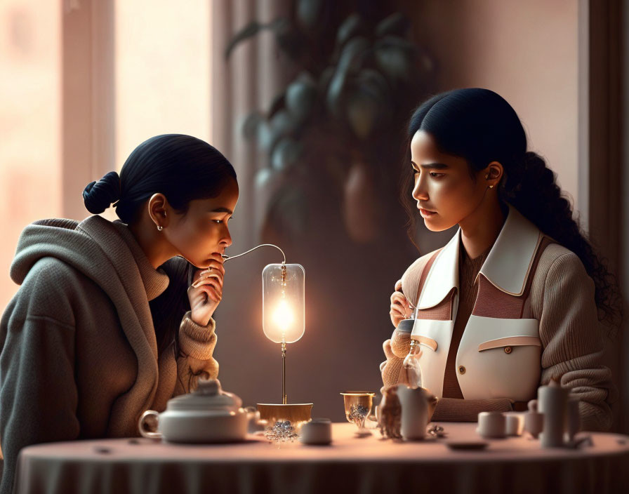 Two women conversing in cozy cafe ambiance with warm lighting and cups on table.