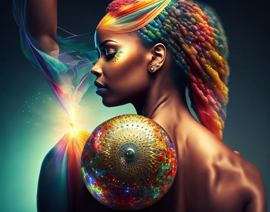 Colorful Braids Woman Holding Shimmering Orb with Ethereal Light