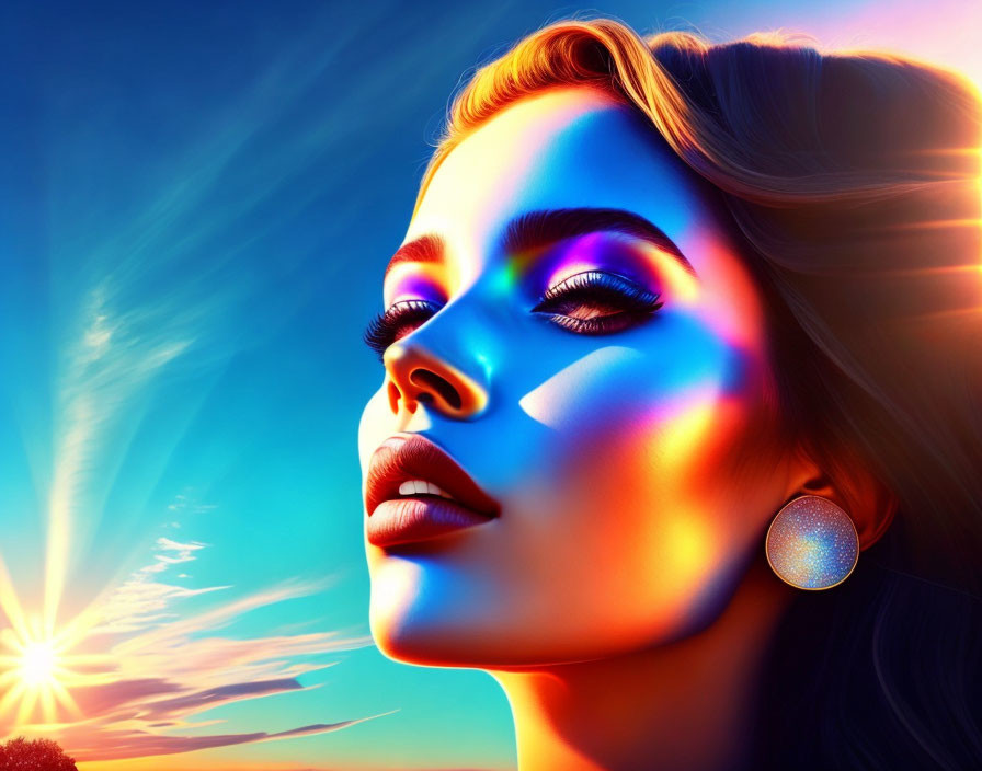 Vibrant digital artwork: Woman's profile with radiant skin and vibrant makeup against sunset sky