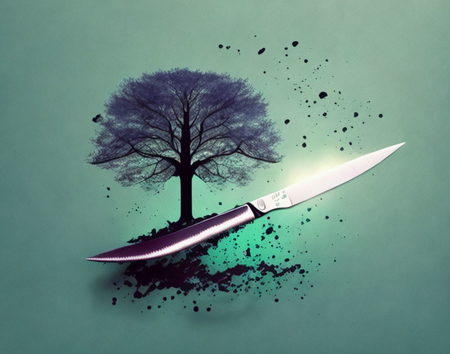 Knife with tree silhouette blade on green background with black splatter.