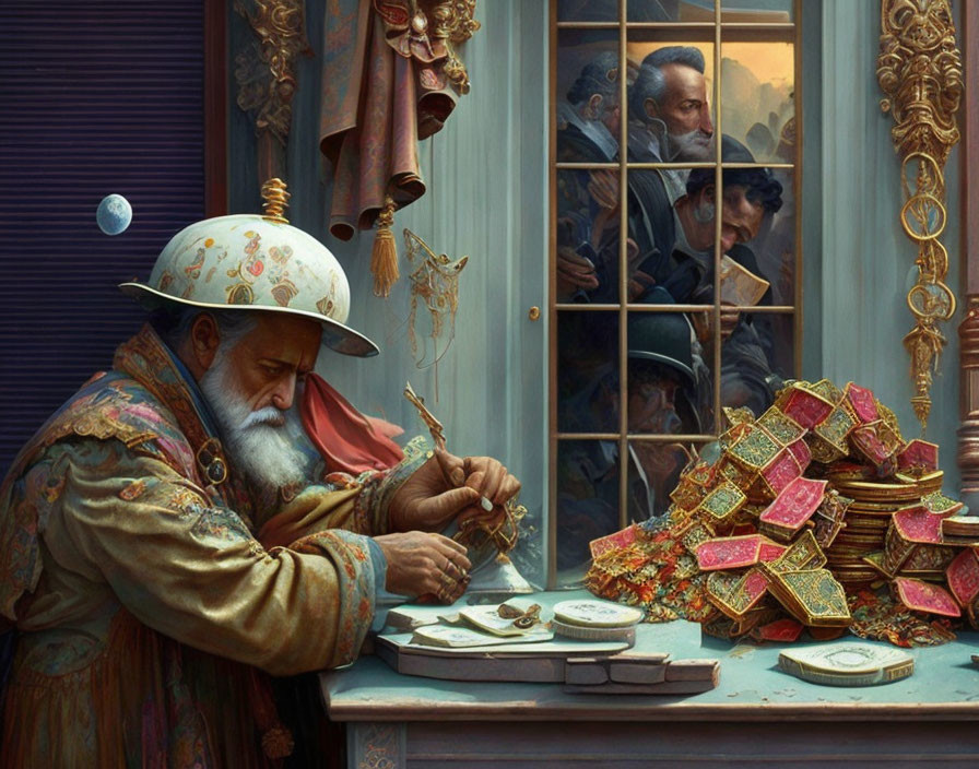 Craftsman in historical attire examines gold artifacts at table with curious onlookers.