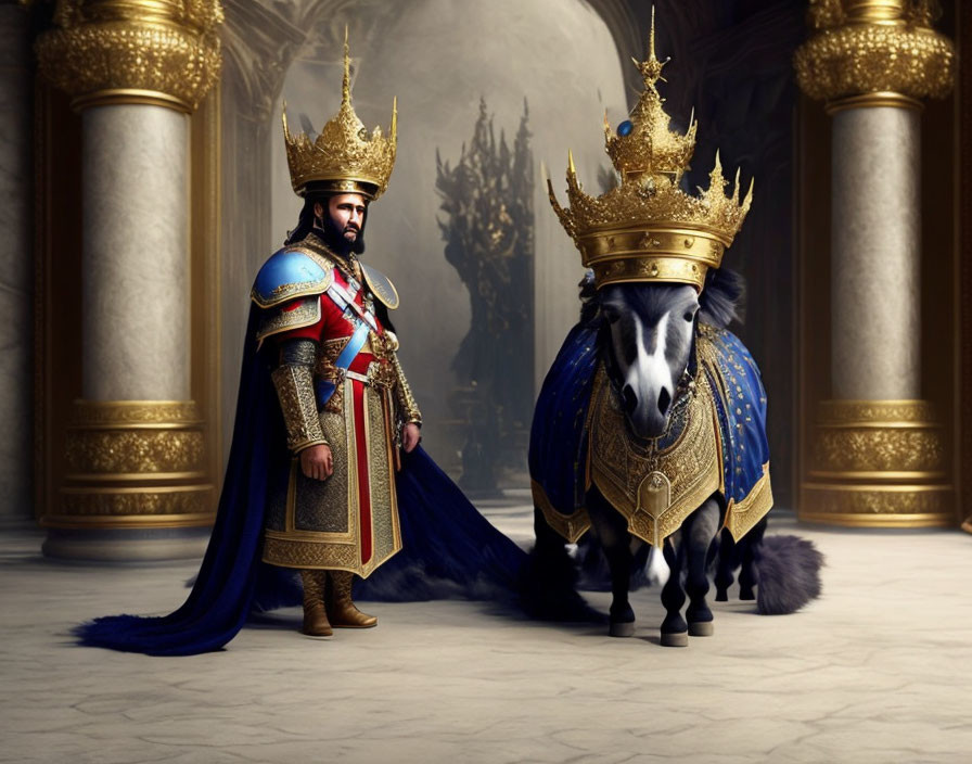 Regal man in royal attire with majestic horse in grand hall