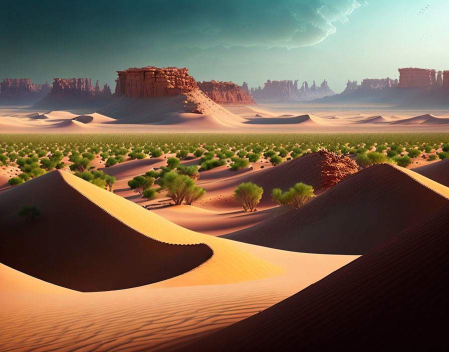 Soothing desert scene: sand dunes, greenery, rock formations