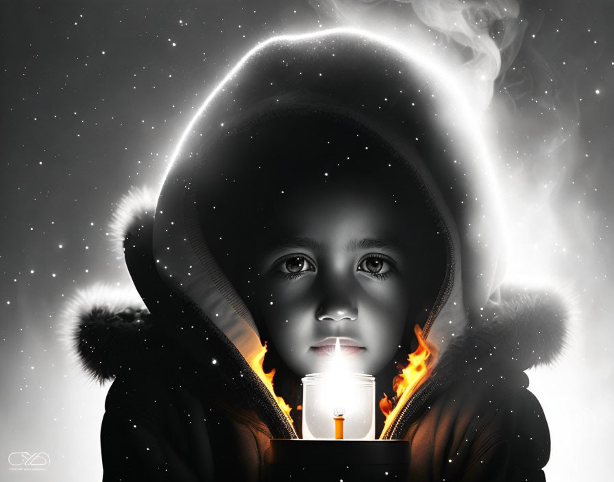 Child in dark hoodie holding lit candle against starry backdrop