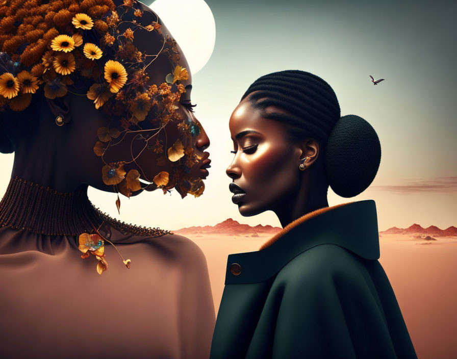 Stylized female figures in surreal desert setting with moon.