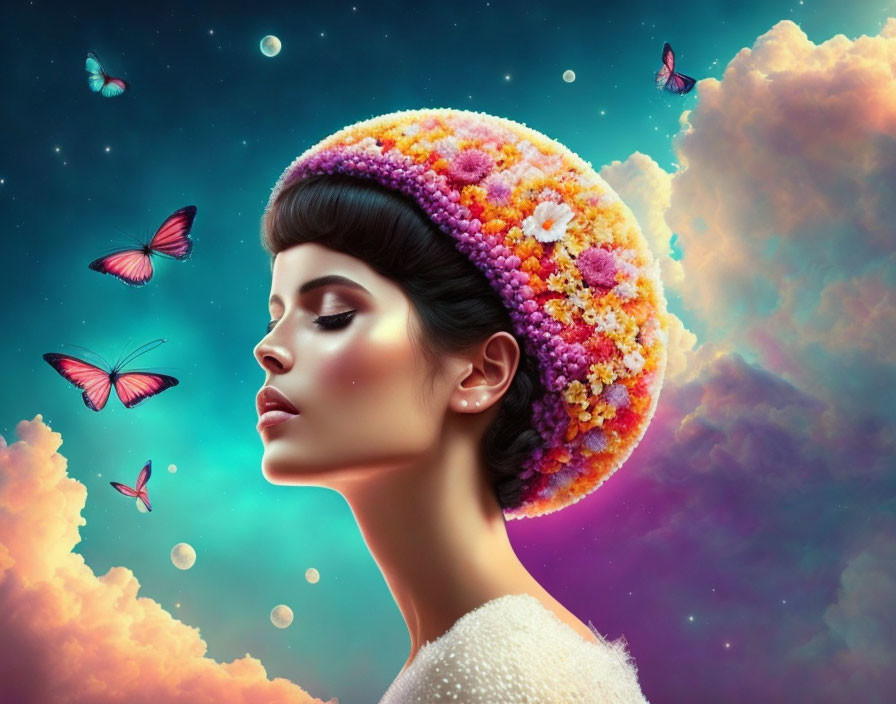 Woman with floral headdress and butterflies in cosmic sky.