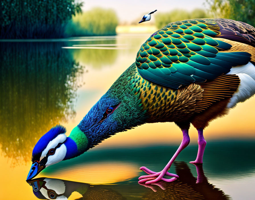 Colorful peacock reflection in water with iridescent feathers