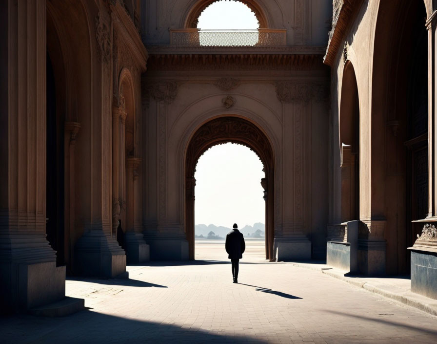 Silhouette of person walking through grand archway into sunlight surrounded by ornate architecture