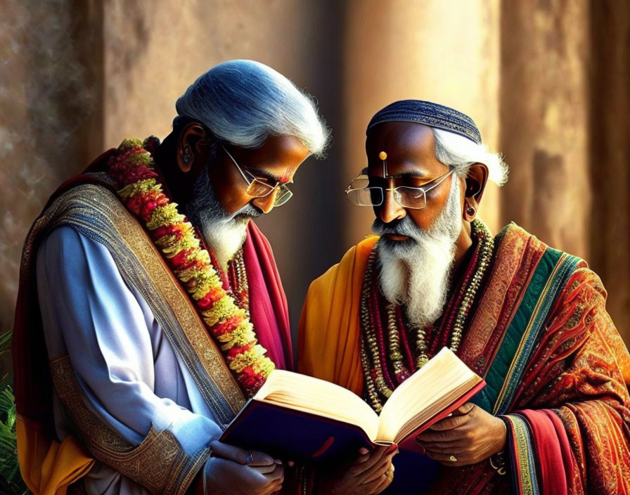 Traditional Indian attire: Two bearded men reading book in sunny setting