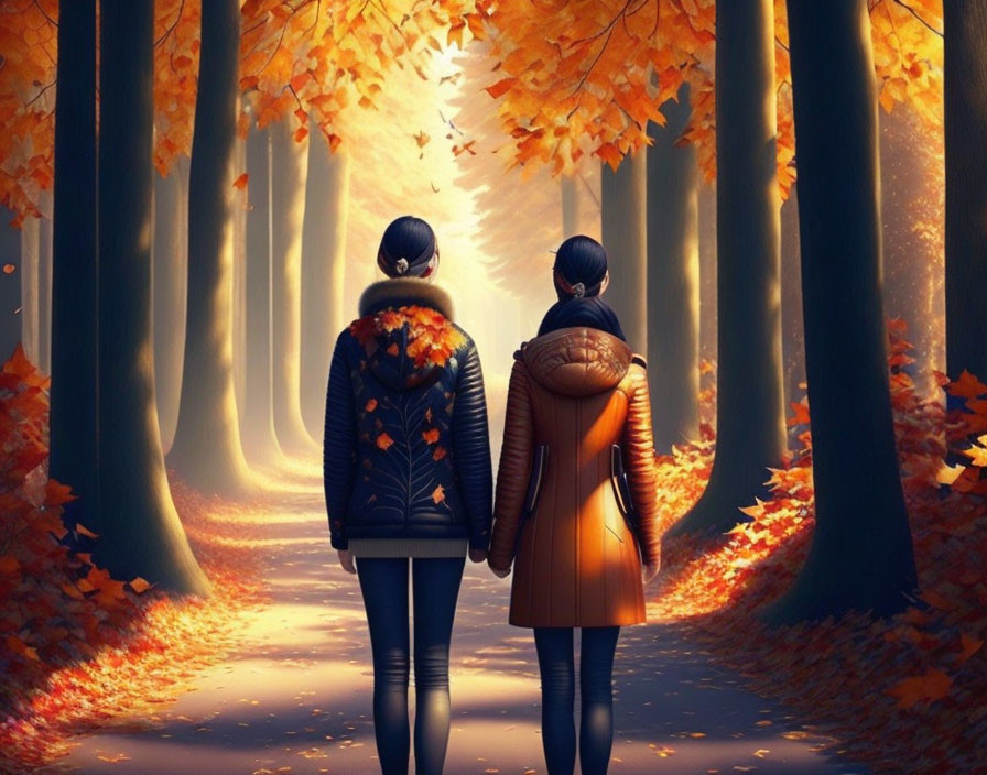 Autumn scene: Two people in sunlight on tree-lined path