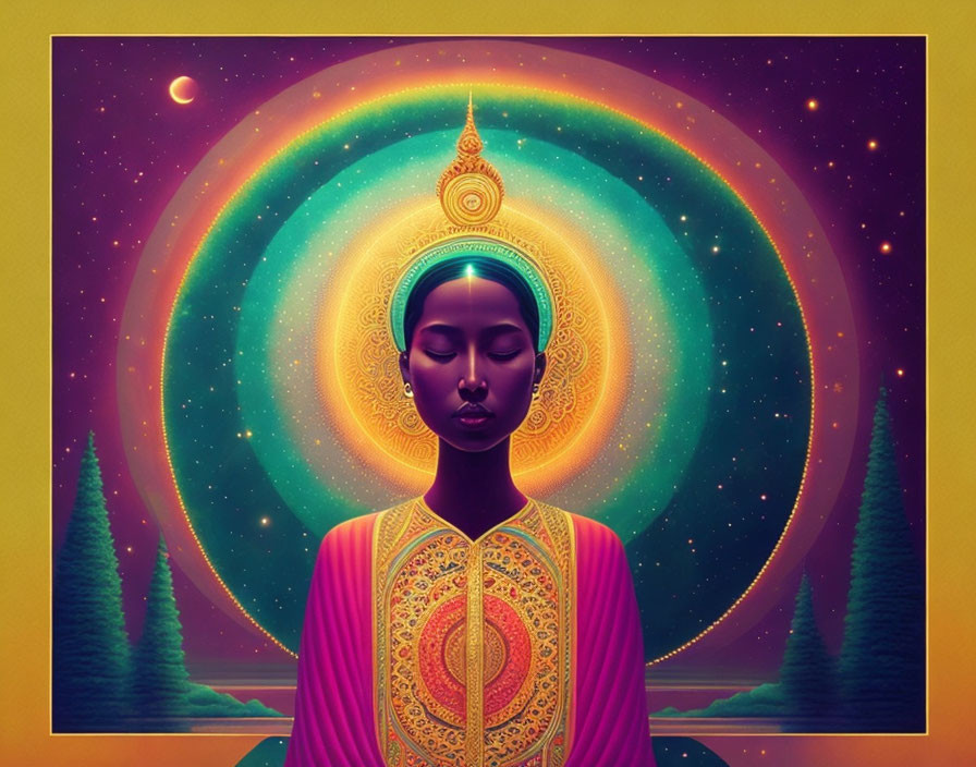 Woman Meditating with Cosmic Aurora, Chakra Designs, Crescent Moon, and Aura of Enlightenment