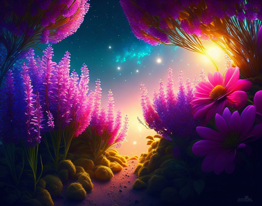 Fantasy landscape with purple foliage under starry sky