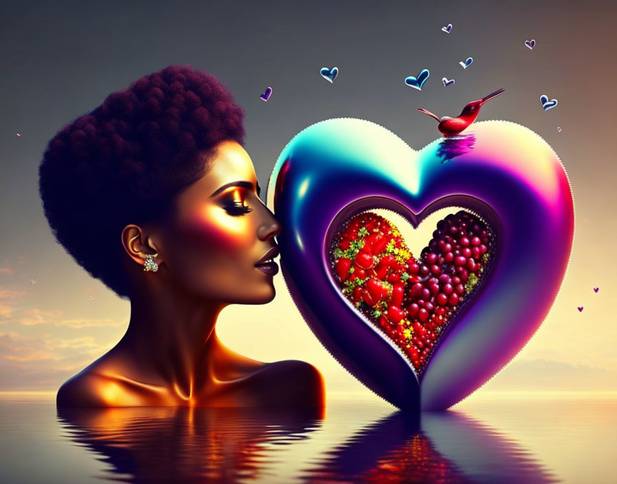 Surreal image of woman with vibrant afro and heart-shaped fruit object in dreamy sunset scene