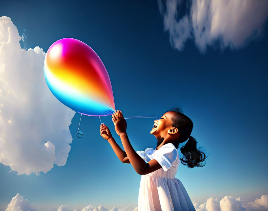 Young girl in white dress with colorful balloon under blue sky