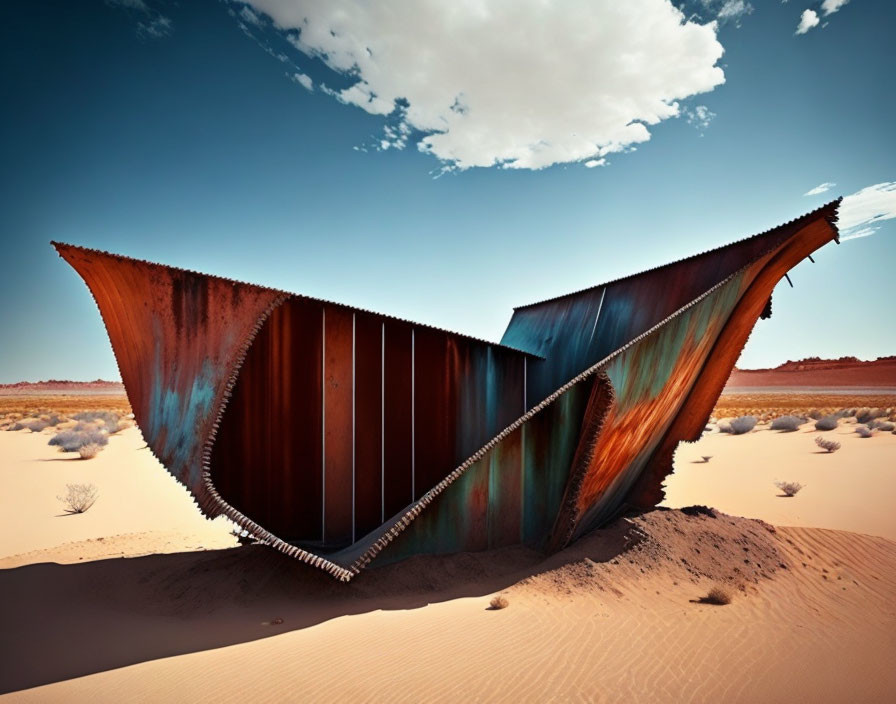 Twisted metal wing structure in desert landscape