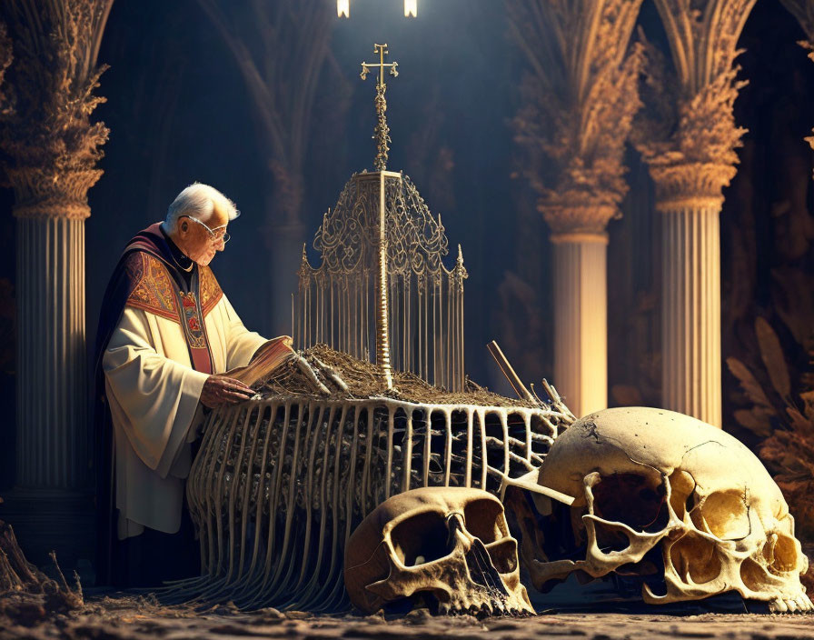 Elderly cleric reading tome at gothic altar with human skull and bones