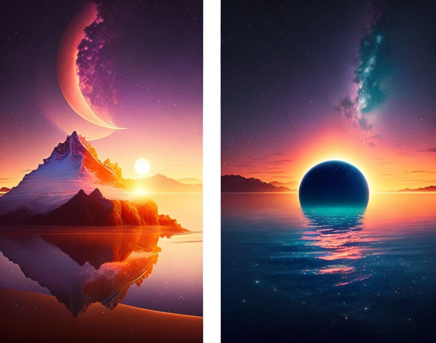 Surreal sunset mountain scene and cosmic ocean sphere under celestial skies