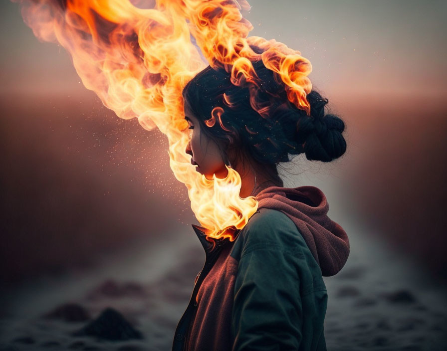 Portrait of person with flaming hair against warm backdrop