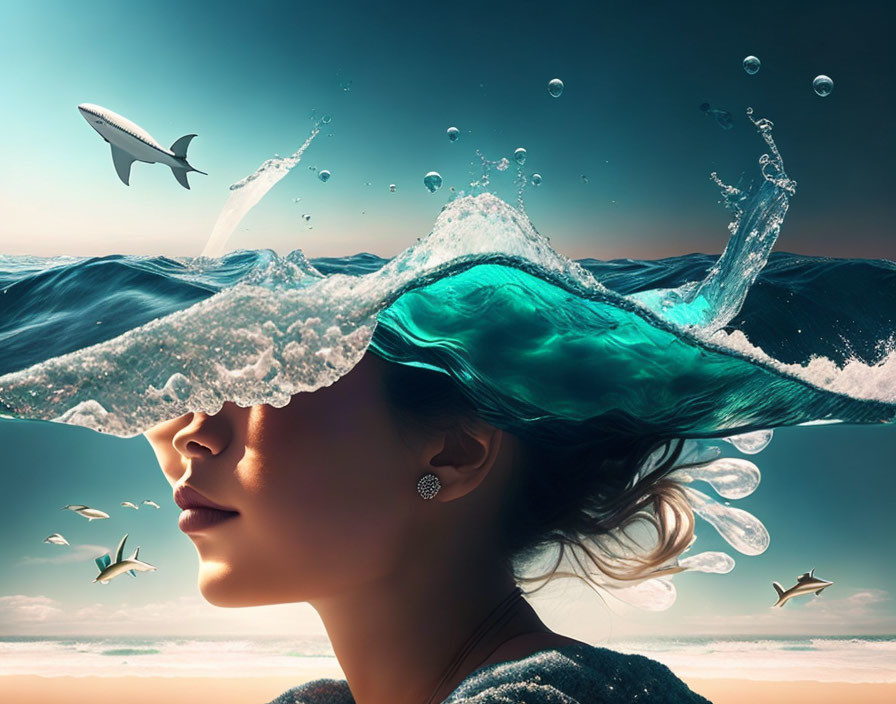 Surreal image: woman's profile blending with ocean, shark above, fish around.