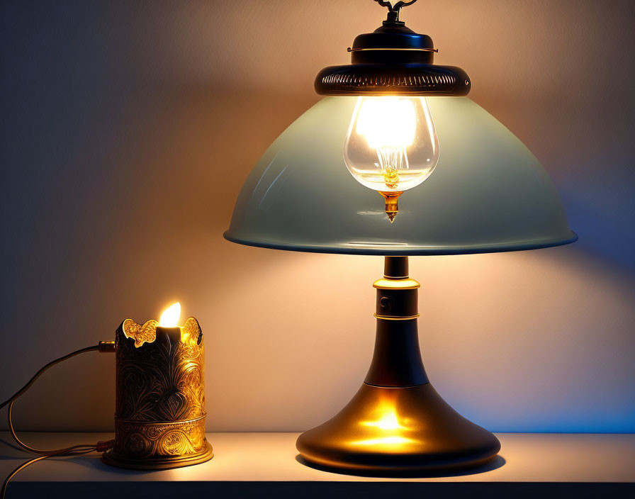 Classic Table Lamp with Blue Shade and Burning Candle in Ornate Holder