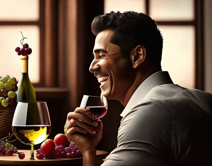 Smiling person with red wine glass, grapes, and bottle on wooden table