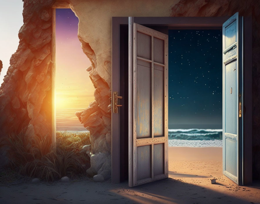 Conceptual Image: Open Doorway with Starry Night Sky and Sunny Landscape