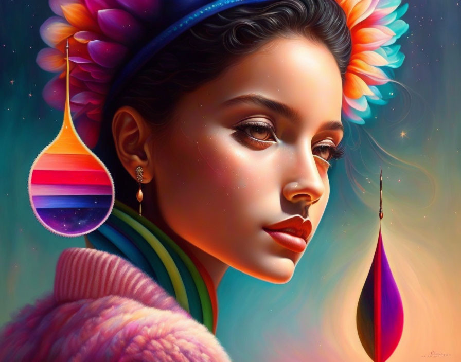 Young woman with cosmic earrings in floral background: dreamy illustration