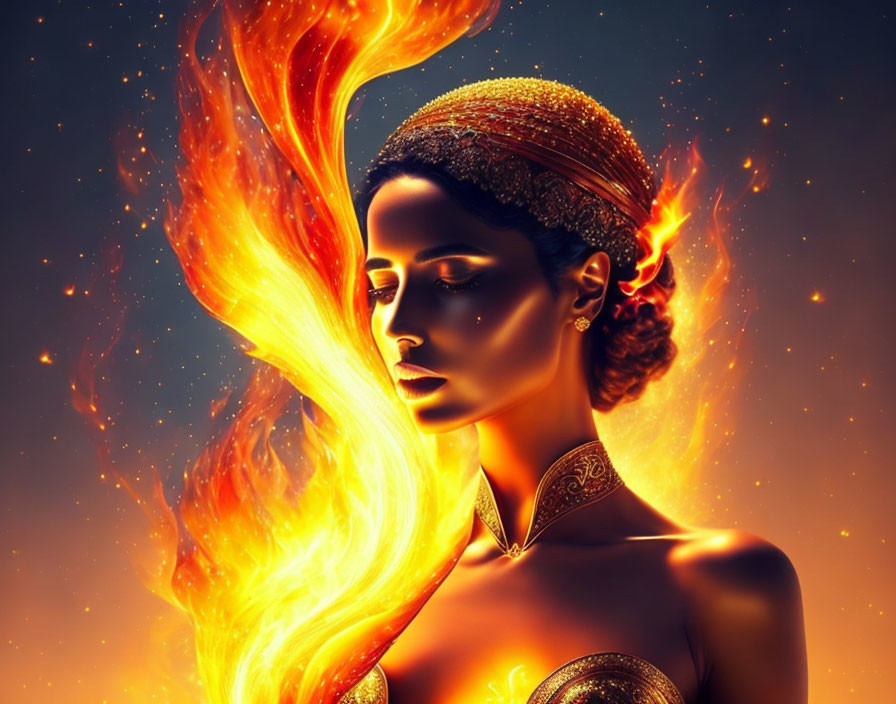 Digital artwork: Woman with fiery aura, golden headpiece, and jewelry in mystical setting