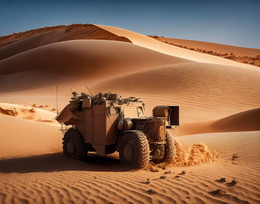 Military vehicle parked in vast desert with rolling sand dunes