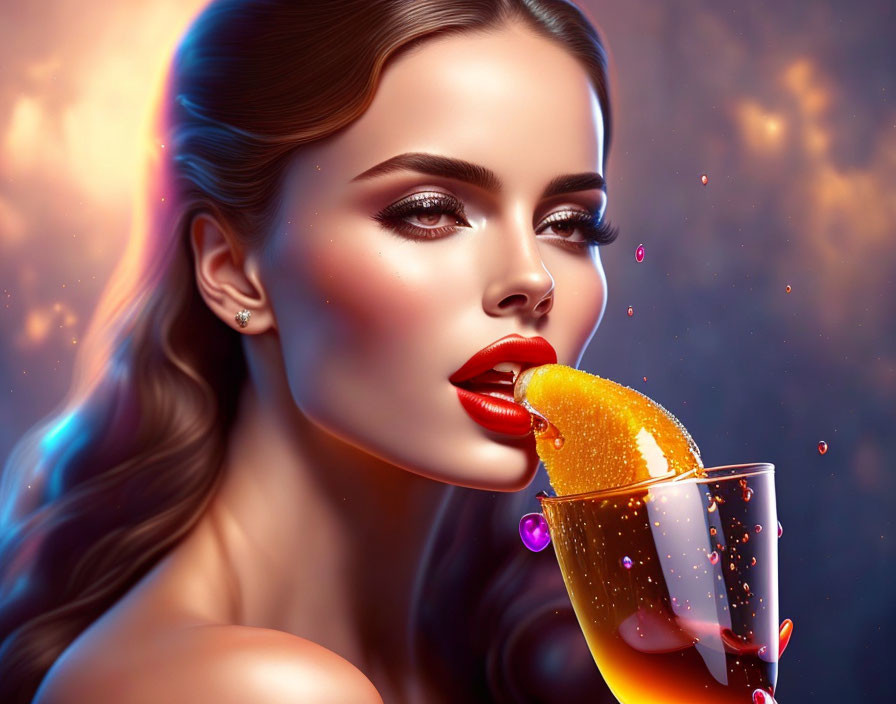 Digital Art: Woman with Sleek Hair Biting Orange Slice & Champagne Splash