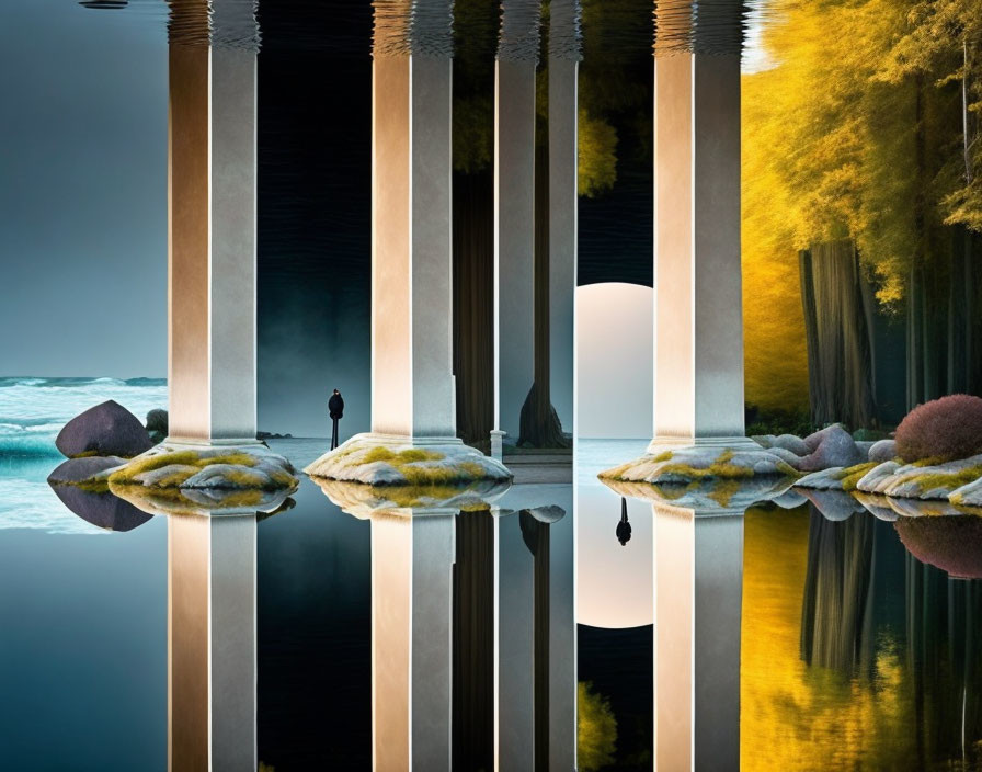 Surreal scene: classical columns, mirrored water, vibrant forests, lone figure