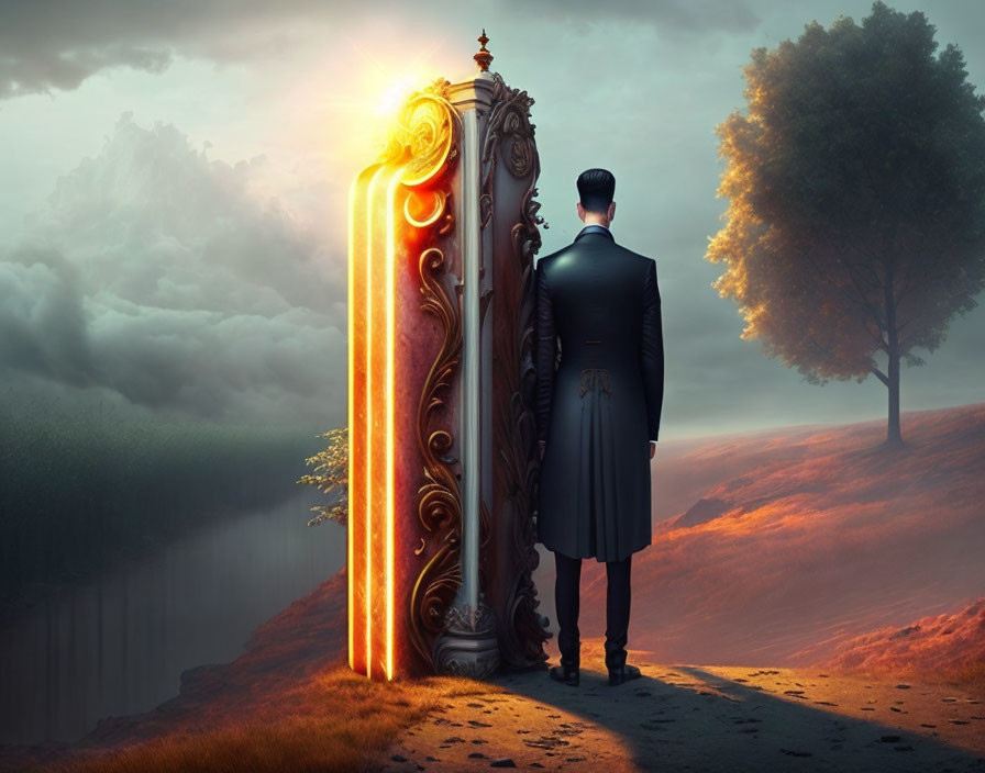 Man in suit stands before glowing ornate door leading to surreal landscape with sunlit tree