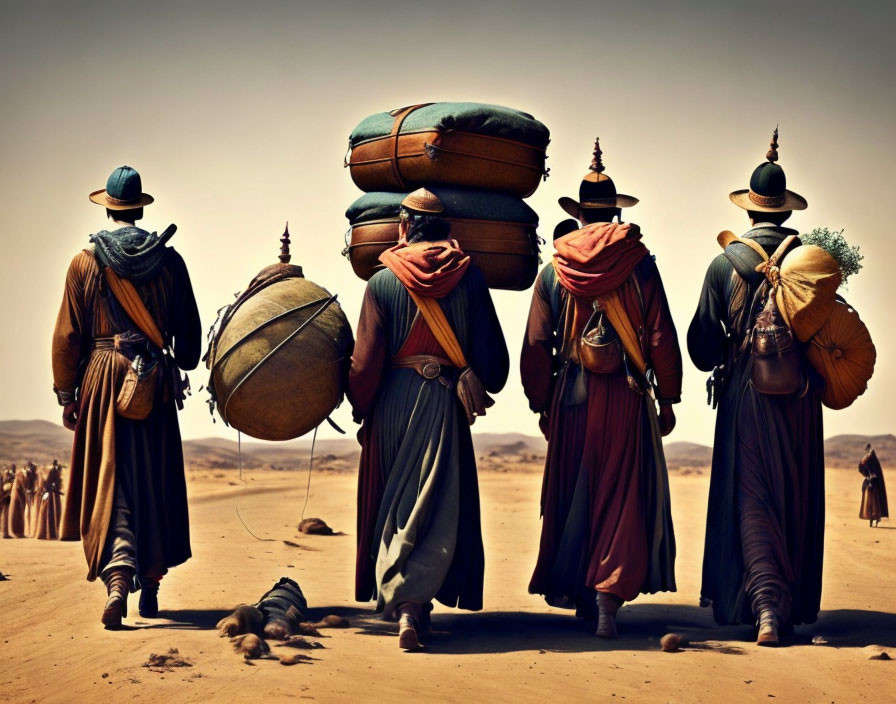 Four Figures in Robes Walking Through Desert Landscape with Camels