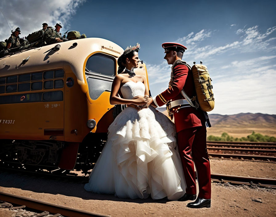 Bride and groom in formal attire by vintage yellow school bus on train tracks