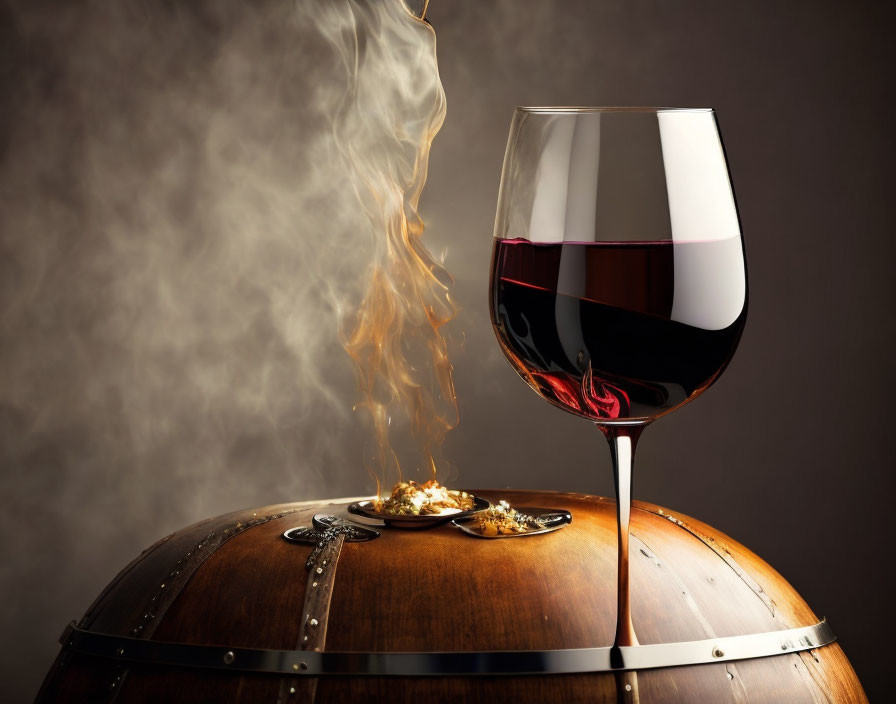 Red wine glass on wooden barrel with smoke wisps