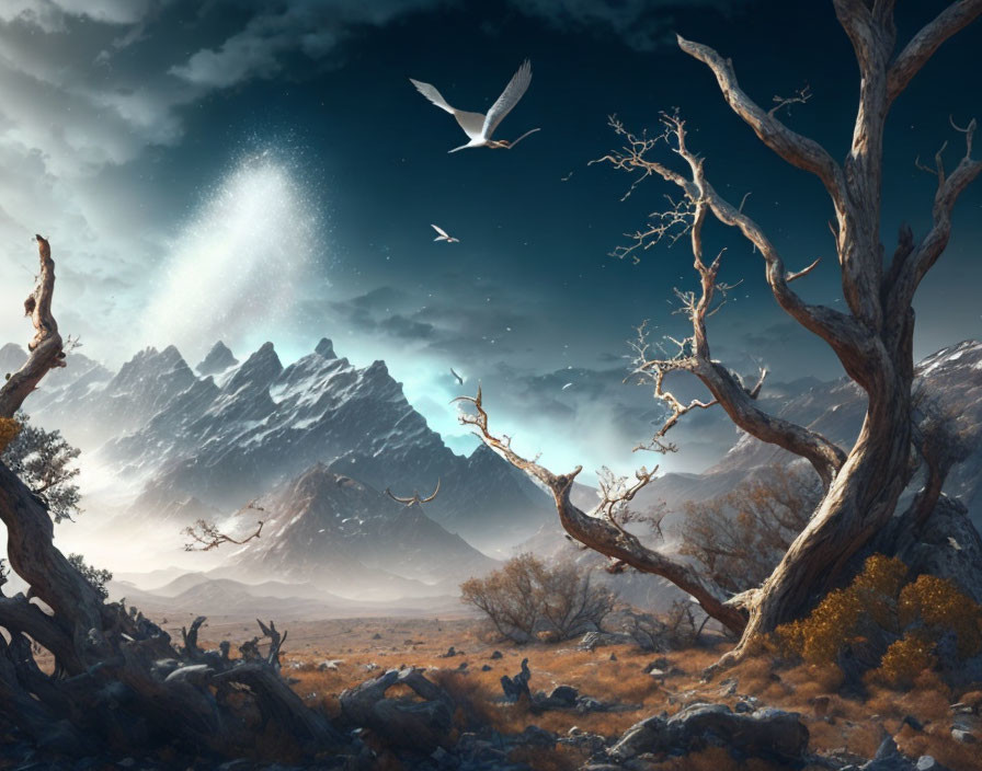 Starry sky over rugged landscape with bare trees and flying birds