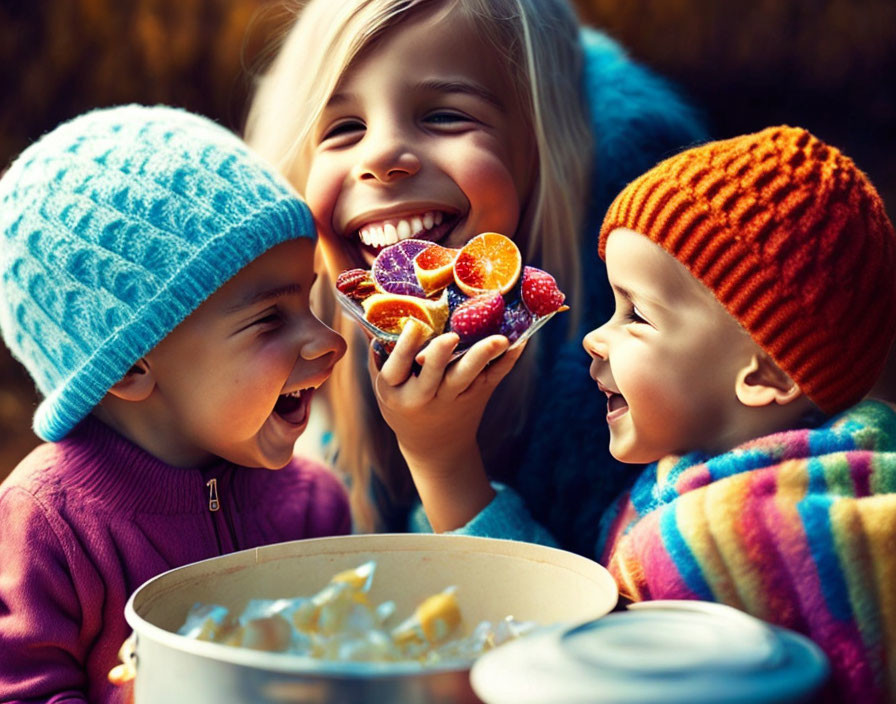 Three children in colorful hats share fruit in autumnal setting